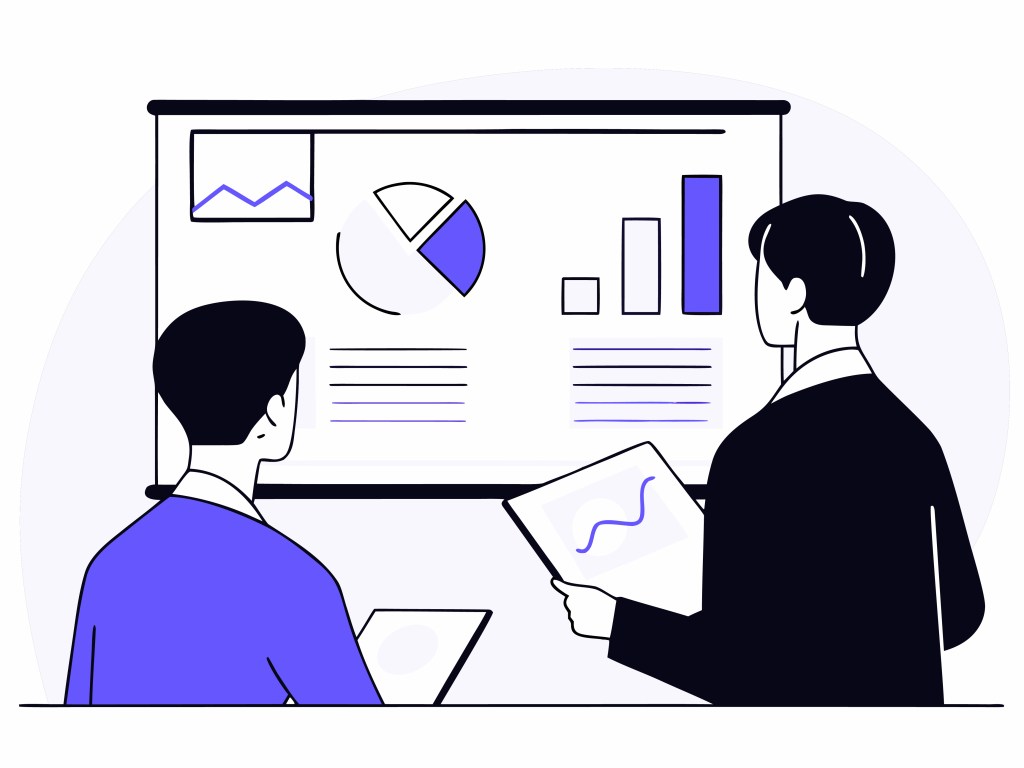 Two professionals viewing presentations displaying charts and graphs, one holding a tablet while the other has a laptop.